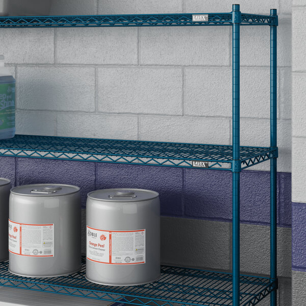 A Lavex Pro blue metal NSF wire shelf with containers on it.