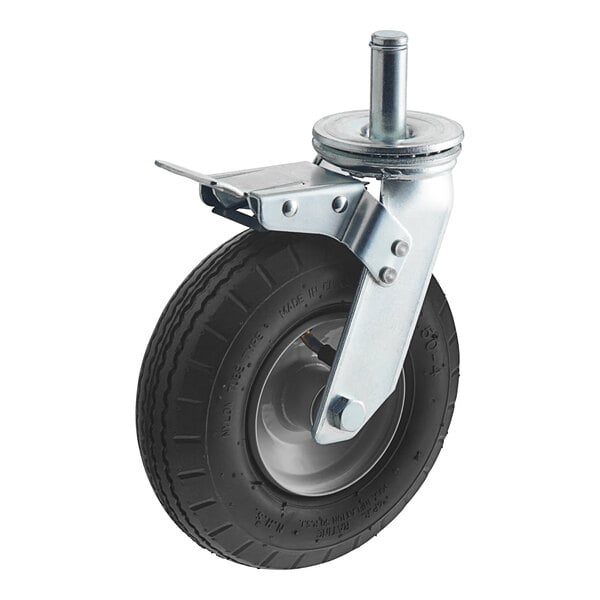 A black rubber wheel with a metal stem and a metal clamp.