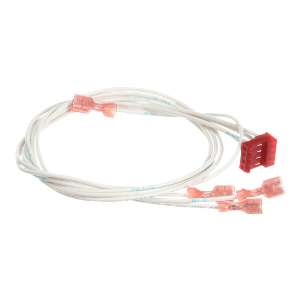 A close-up of a white cable with red and white connectors.