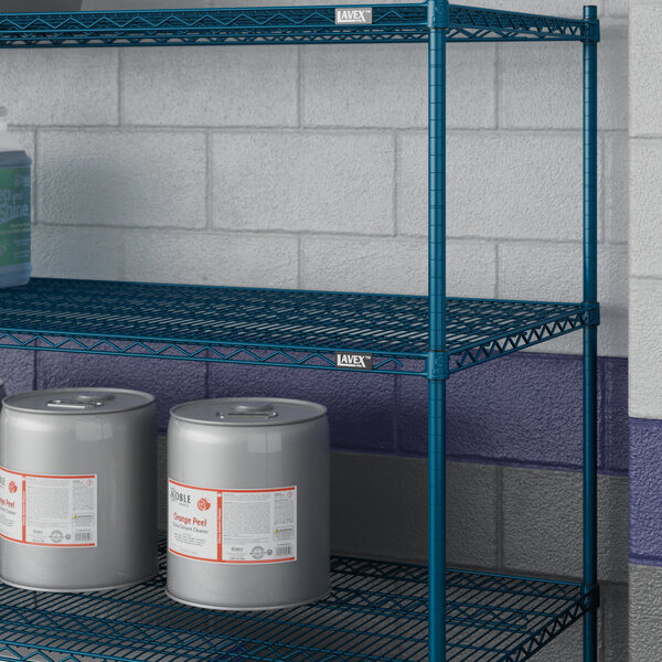 A Lavex Pro blue metal wire shelf with containers on it.