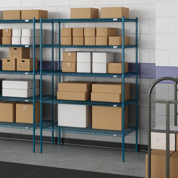 Blue Lavex Pro wire shelving with boxes on the shelves.