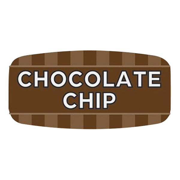 A brown rectangular bakery label with white text that reads "Chocolate Chip"