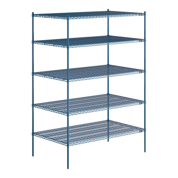 A blue metal wire shelving unit with four shelves.
