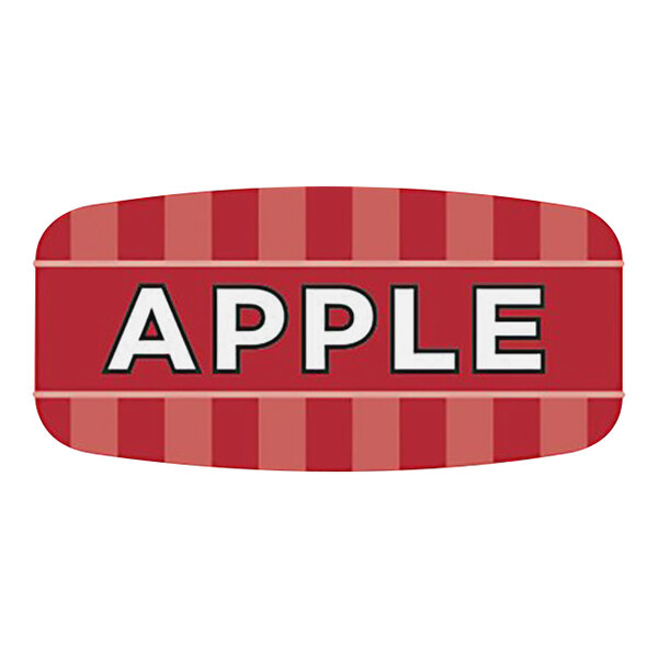 A white rectangular sticker with a red border and white text that reads "Apple"