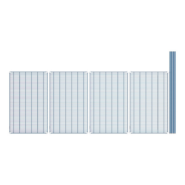 A grid of blue and white metal wire shelves.