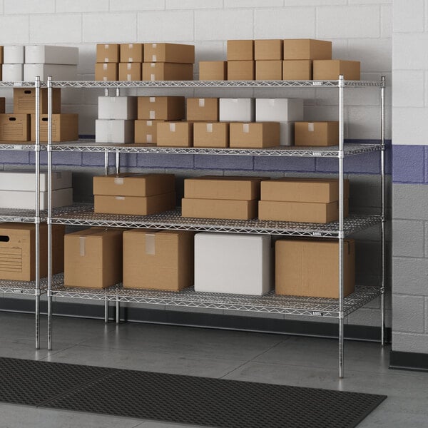 A metal Lavex Pro wire shelving unit with boxes on the shelves.