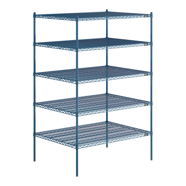 A blue metal wire shelving unit with four shelves.