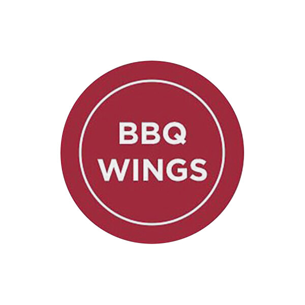 A white round sticker with red text reading "BBQ Wings" and a white border.