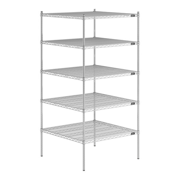 A Lavex Pro chrome wire shelving unit with four shelves.