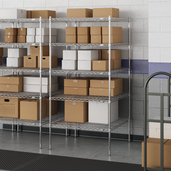 A metal Lavex Pro wire shelving unit with boxes on the shelves.