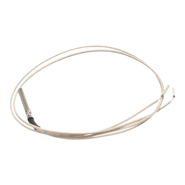 A close-up of a metal thermostat probe with a white wire connector.