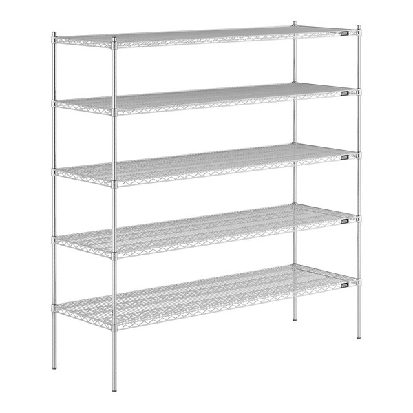 A Lavex Pro chrome wire shelving unit with four shelves.