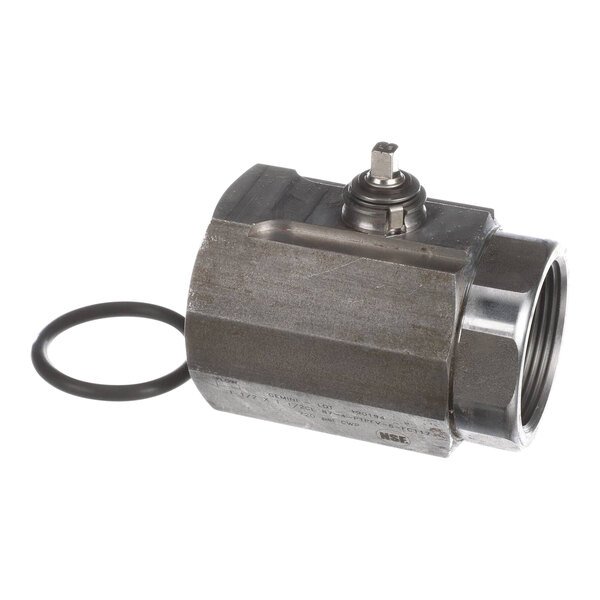 A close-up of a Henny Penny stainless steel ball valve with a metal ring.