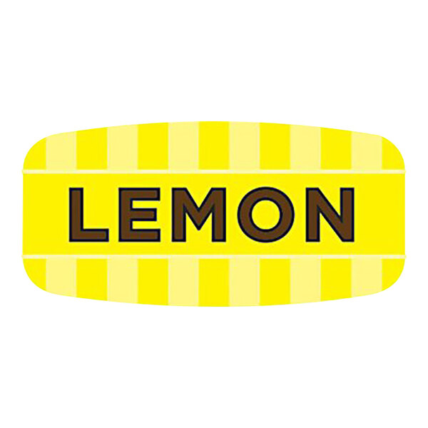 A yellow rectangular label with a black border and black text reading "Lemon" and a black letter m.