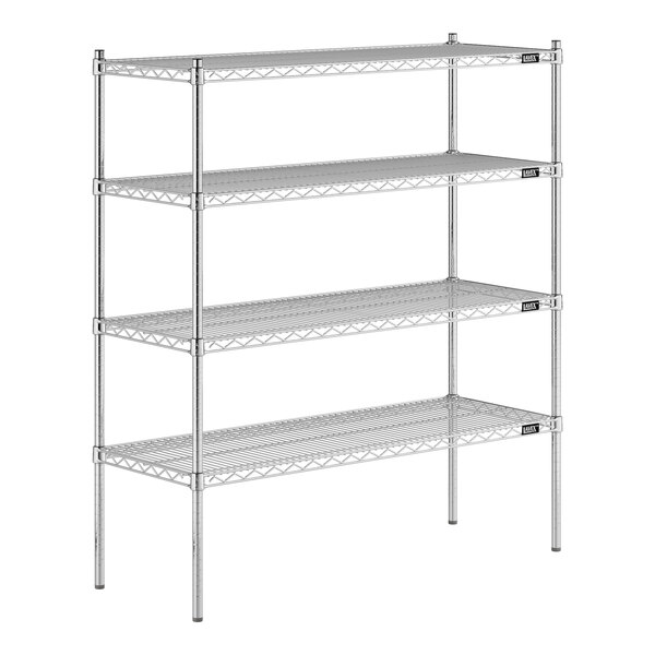 A Lavex Pro chrome wire shelving unit with four shelves.