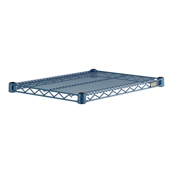 A blue metal Lavex Pro wire shelf.