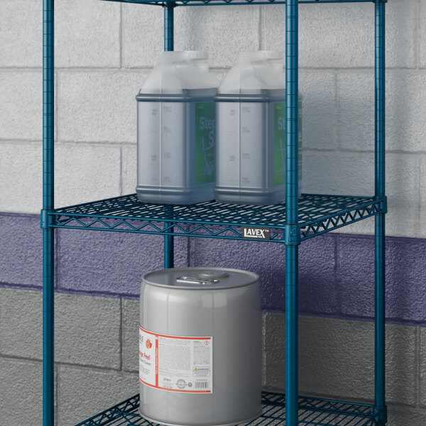 A Lavex Pro blue metal wire shelf with containers on it.