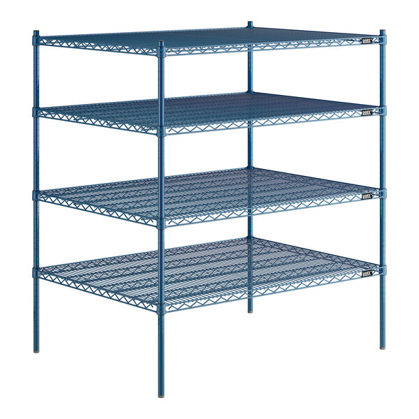 A blue metal Lavex Pro wire shelving unit with four shelves.