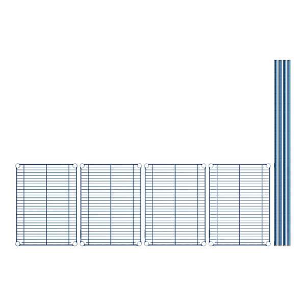 A row of blue wire mesh shelves.