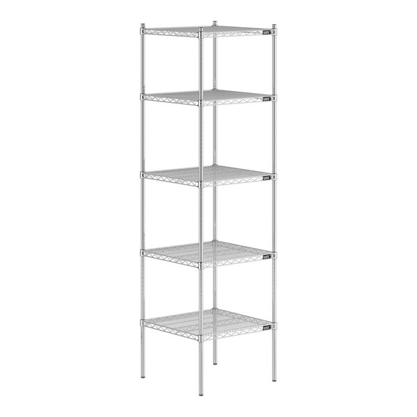 A chrome wire shelving unit with five shelves.