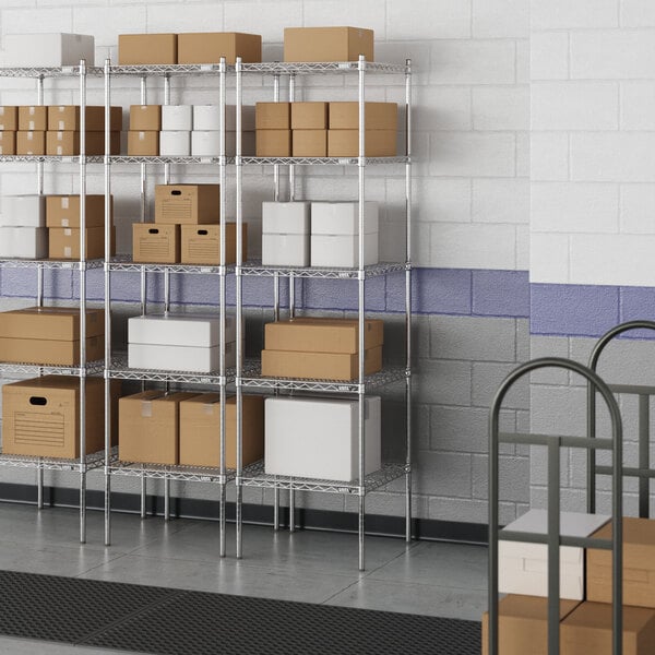 A Lavex Pro wire shelving unit with white rectangular boxes on the shelves.