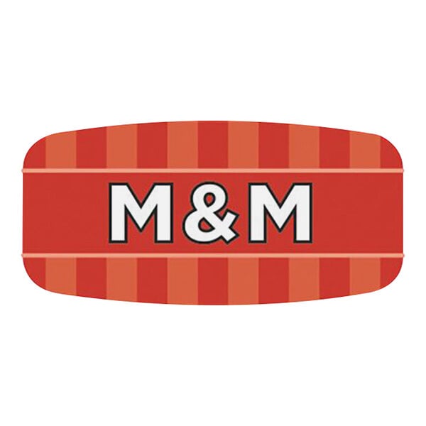 A red and white striped rectangular label with white text that says "M&M"