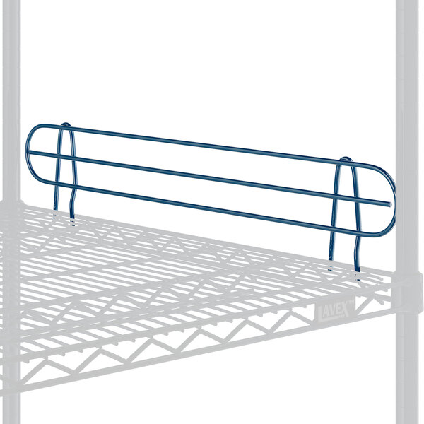 A Lavex Pro blue metal shelf ledge with a metal bar.