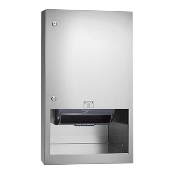 An American Specialties, Inc. stainless steel semi-recessed battery-operated automatic roll paper towel dispenser.