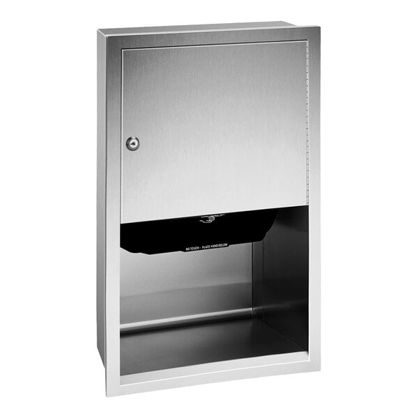 An American Specialties, Inc. stainless steel roll paper towel dispenser with a black lid open.