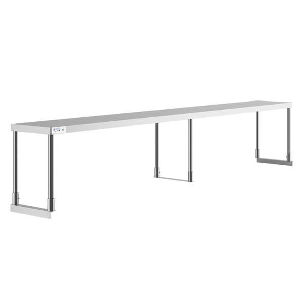 A long white rectangular metal shelf with metal poles on the ends.