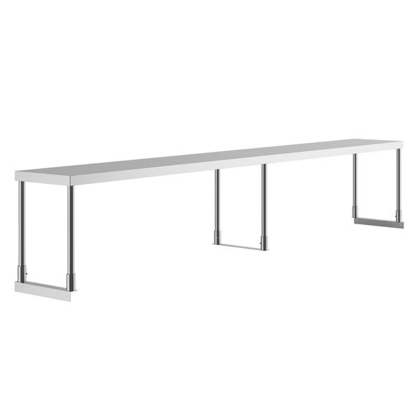 A long white rectangular metal shelf with metal poles.