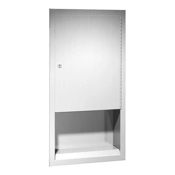 A white metal American Specialties, Inc. folded paper towel dispenser cabinet with a white door.