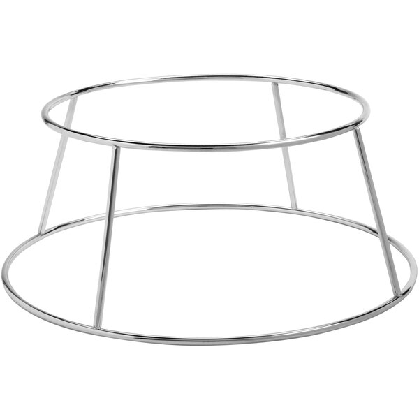 An American Metalcraft chrome-plated round display rack on a table.
