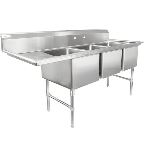 Regency 78 1 2 16 Gauge Stainless Steel Three Compartment Commercial Sink With 1 Drainboard 18 X 24 X 14 Bowls