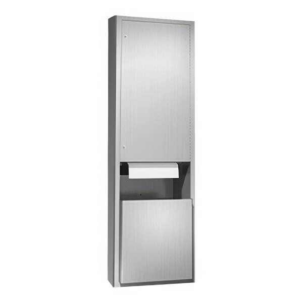 A stainless steel rectangular American Specialties, Inc. paper towel dispenser with a door and a drawer.