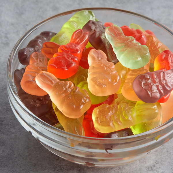 A bowl of Albanese Gummi Albunnies on a table.