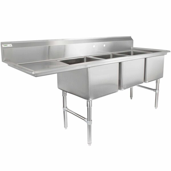 Regency 84 1 2 16 Gauge Stainless Steel Three Compartment Commercial Sink With 1 Drainboard 18 X 24 X 14 Bowls
