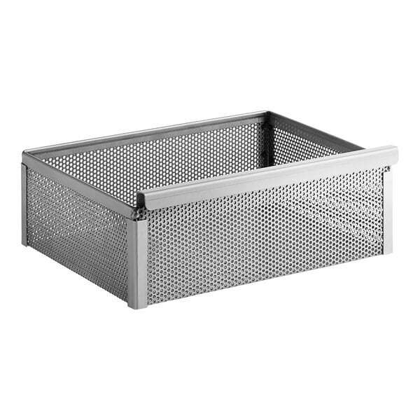 A stainless steel mesh basket with a handle.