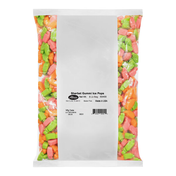 A white bag of Albanese Gummi Sherbet Ice Pops with a white label.
