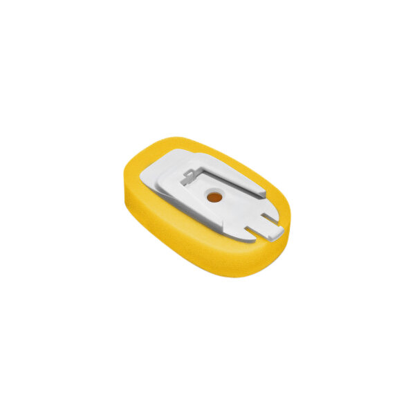 A yellow and white plastic button with a metal clip.