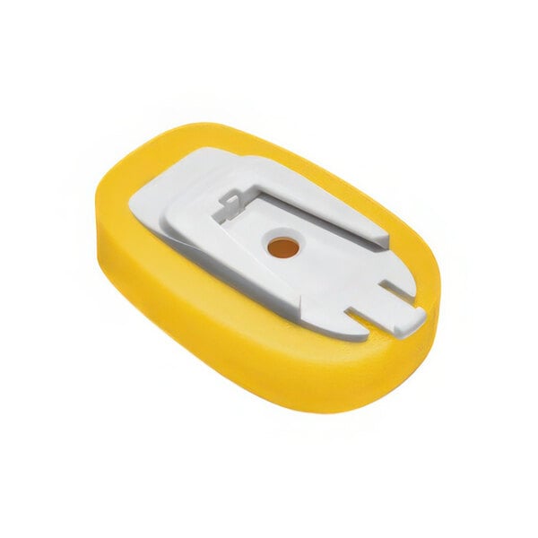 A yellow soap dispensing sponge refill with a white plastic holder.
