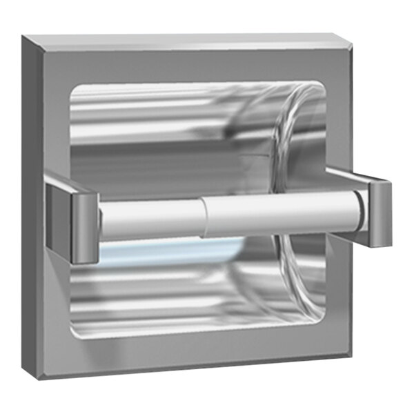 An American Specialties, Inc. stainless steel surface-mounted toilet paper holder with a roll of toilet paper.