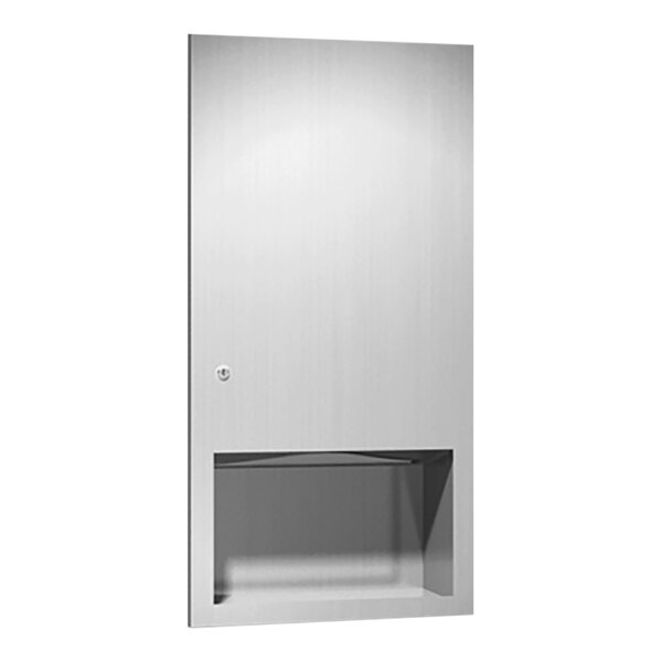 A stainless steel recessed cabinet with a white door for folded paper towels.