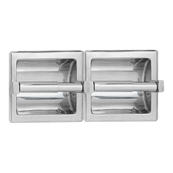 A silver stainless steel recessed double roll toilet tissue holder.