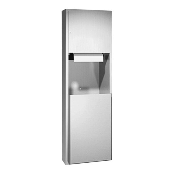 An American Specialties, Inc. semi-recessed stainless steel paper towel dispenser and waste receptacle.