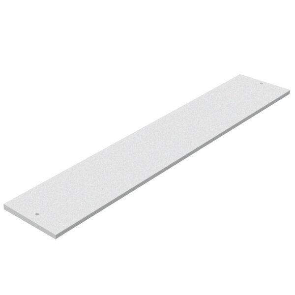 A white rectangular cutting board with a metal bar.