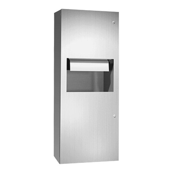 A stainless steel American Specialties, Inc. surface-mounted automatic roll paper towel dispenser with a window.