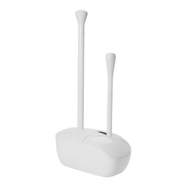 An OXO white toilet bowl brush and plunger with caddy.