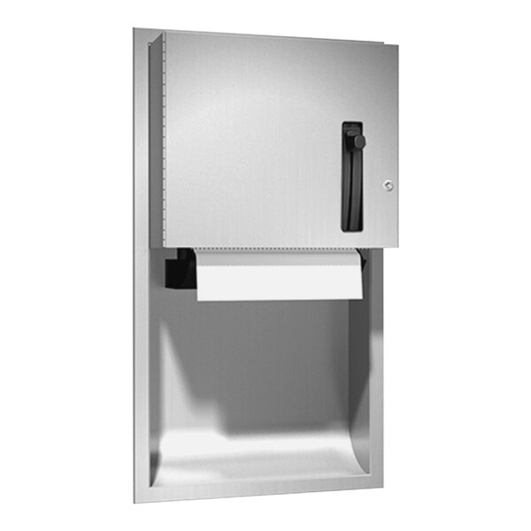 A stainless steel rectangular box with a lever-operated roll paper towel dispenser inside.