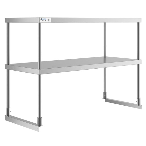 A stainless steel Avantco double deck overshelf with metal legs.